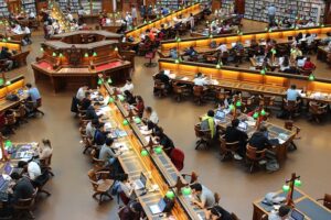 Studierende sitzen an Arbeitsplätzen in einer Bibliothek und lernen.